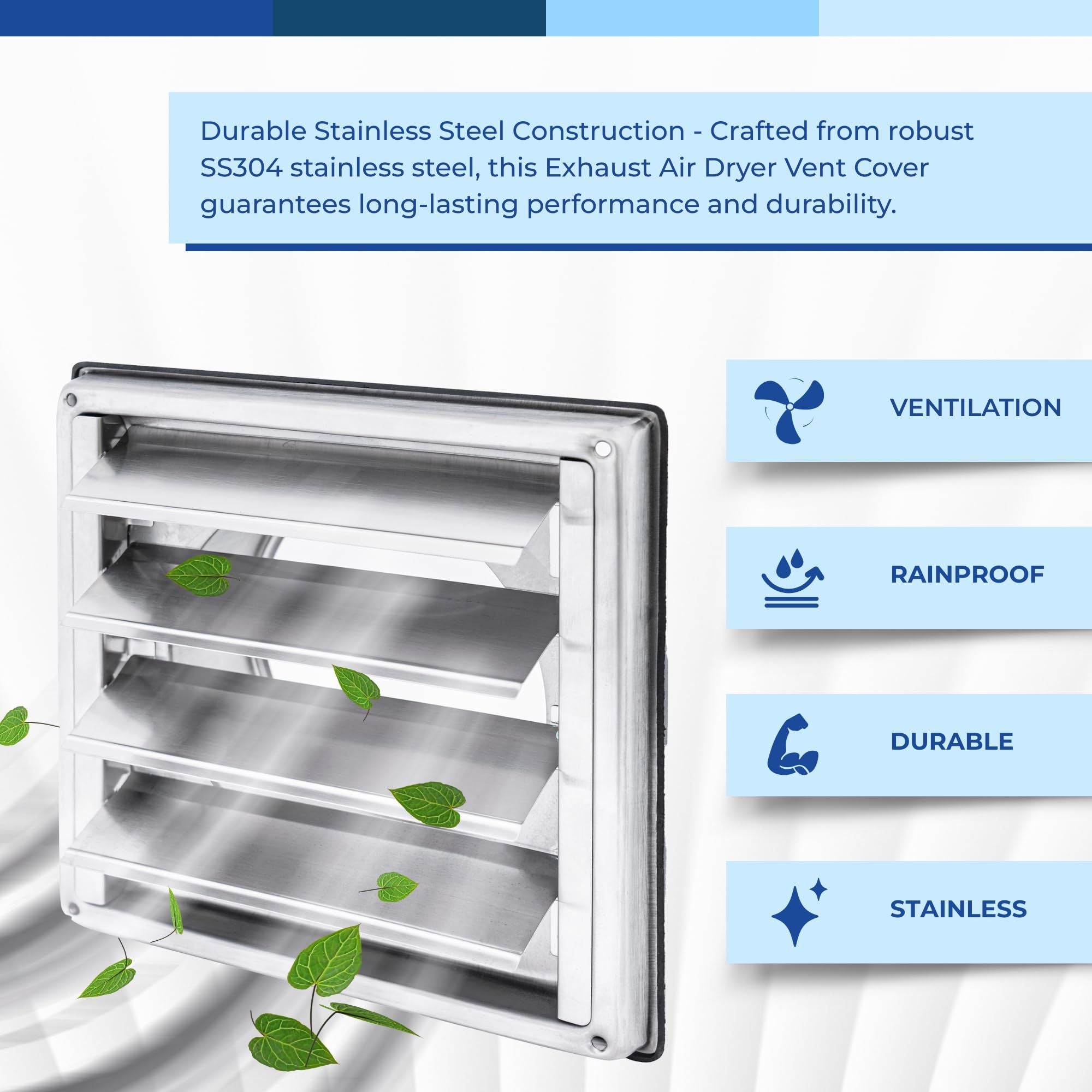 5-inch stainless steel square dryer vent cover with moving louvers, features infographic