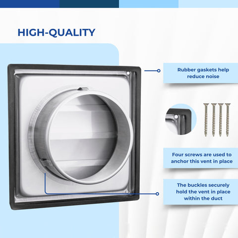 5-inch stainless steel square dryer vent cover with moving louvers, rear view