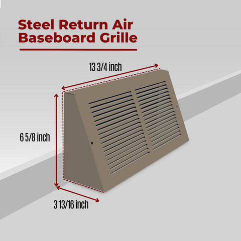 Fits 12x6 Duct Opening | Steel Triangular Baseboard Return Air Grille | Efficient Air Flow | Air Register Vent Cover Grill | 3-13/16" Depth | Brown | Outer Dimensions: 13-3/4" x 6-5/8"