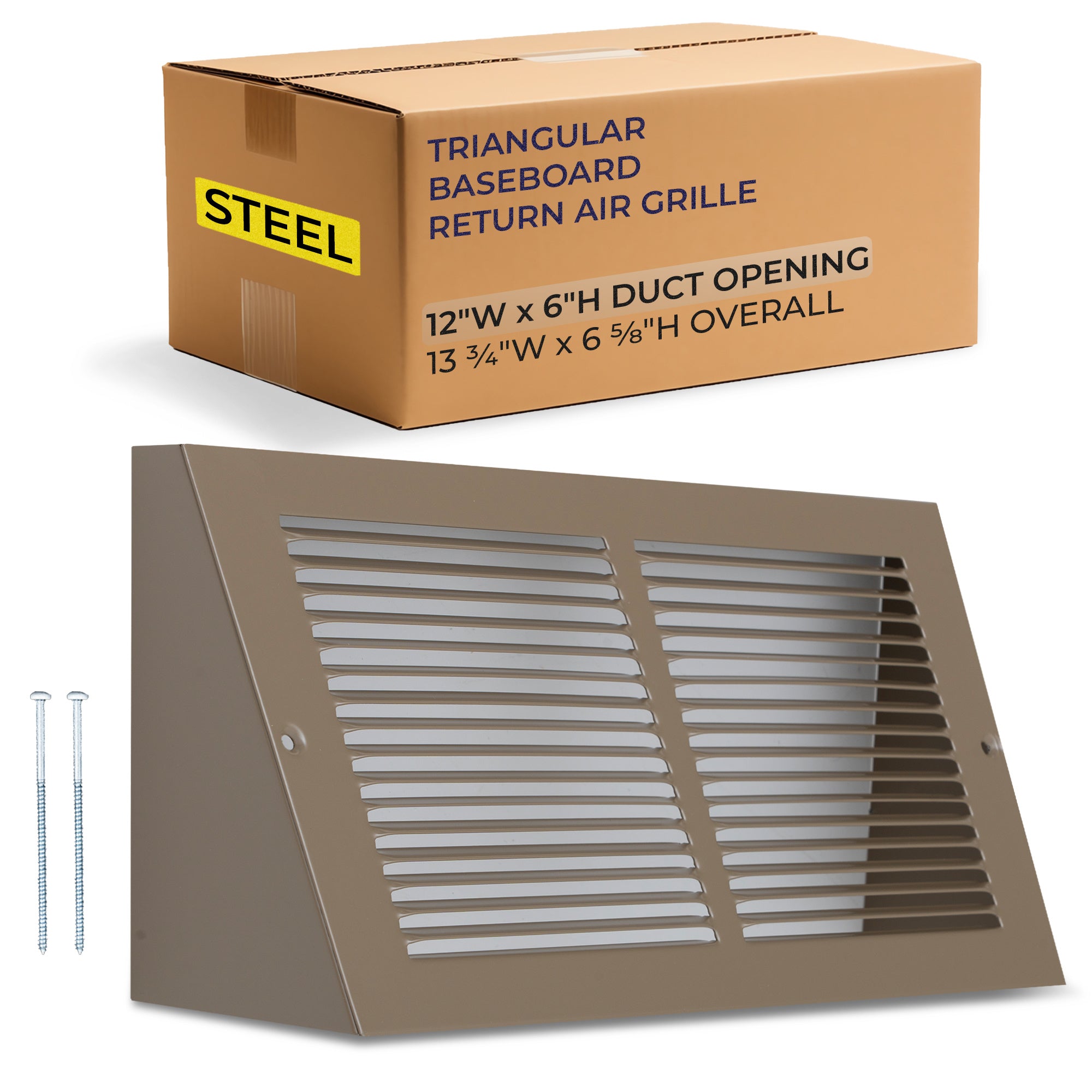 12 x 6-inch Brown Steel triangle baseboard return grille, packaging