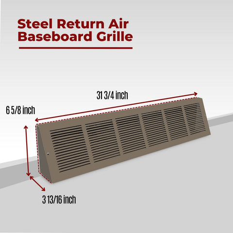 Fits 30x6 Duct Opening | Steel Triangular Baseboard Return Air Grille | Efficient Air Flow | Air Register Vent Cover Grill | 3-13/16" Depth | Brown | Outer Dimensions: 31-3/4" x 6-5/8"