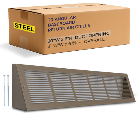 30 x 6-inch Brown Steel triangle baseboard return grille, packaging