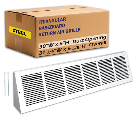30 x 6-inch White Steel triangle baseboard return grille, packaging