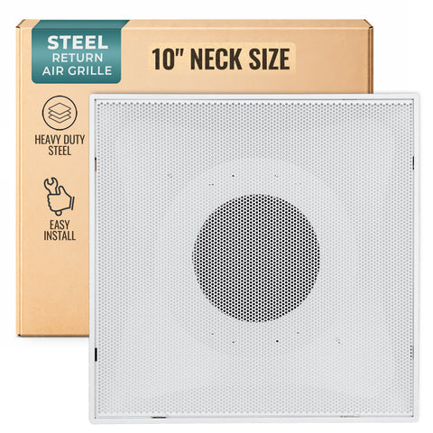 Fits 24"x24" White Steel T-Bar Drop Ceiling Grid, 2x2 Lay-In Perforated Face Return Air Grille, 10" Round Neck