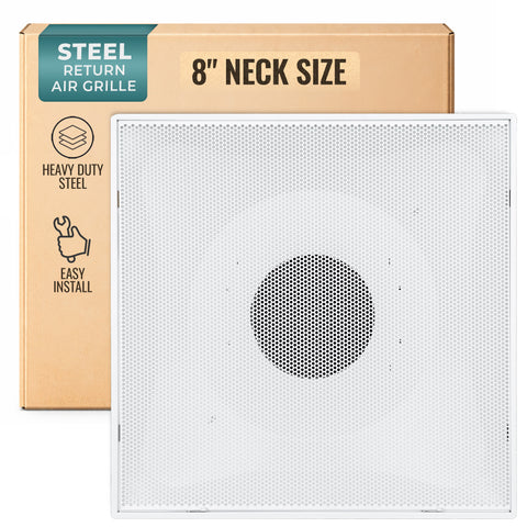 Fits 24"x24" White Steel T-Bar Drop Ceiling Grid, 2x2 Lay-In Perforated Face Return Air Grille, 8" Round Neck