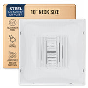 Fits 24"x24" White Steel T-Bar Drop Ceiling Grid, 2x2 Lay-In Perforated Face Adjustable Air Supply Diffuser, 10" Round Neck