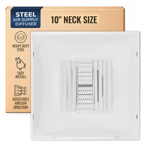 Fits 24"x24" White Steel T-Bar Drop Ceiling Grid, 2x2 Lay-In Perforated Face Adjustable Air Supply Diffuser, 10" Round Neck