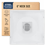 Fits 24"x24" White Steel T-Bar Drop Ceiling Grid, 2x2 Lay-In Perforated Face Adjustable Air Supply Diffuser, 6" Round Neck