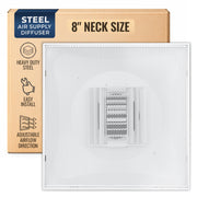 Fits 24"x24" White Steel T-Bar Drop Ceiling Grid, 2x2 Lay-In Perforated Face Adjustable Air Supply Diffuser, 8" Round Neck