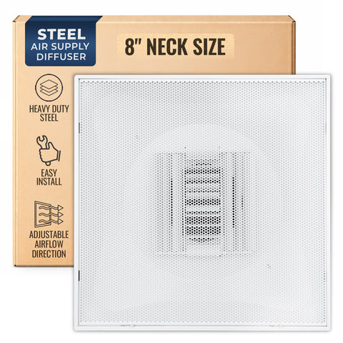 Fits 24"x24" White Steel T-Bar Drop Ceiling Grid, 2x2 Lay-In Perforated Face Adjustable Air Supply Diffuser, 8" Round Neck