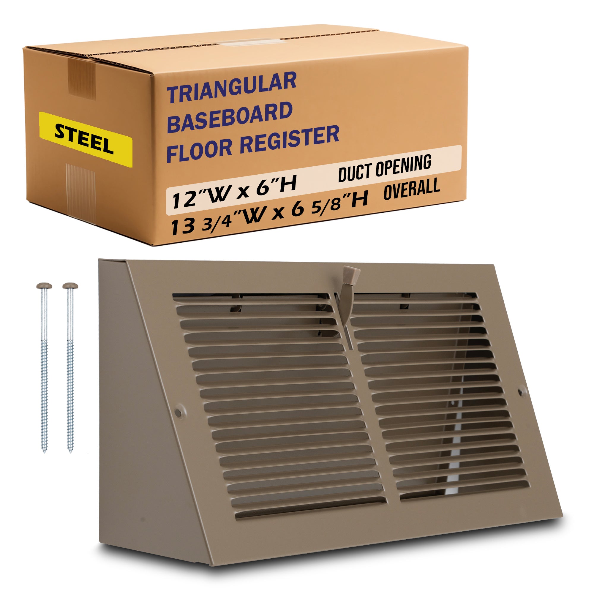 12 x 6-inch Brown Steel triangle corner baseboard supply register, packaging