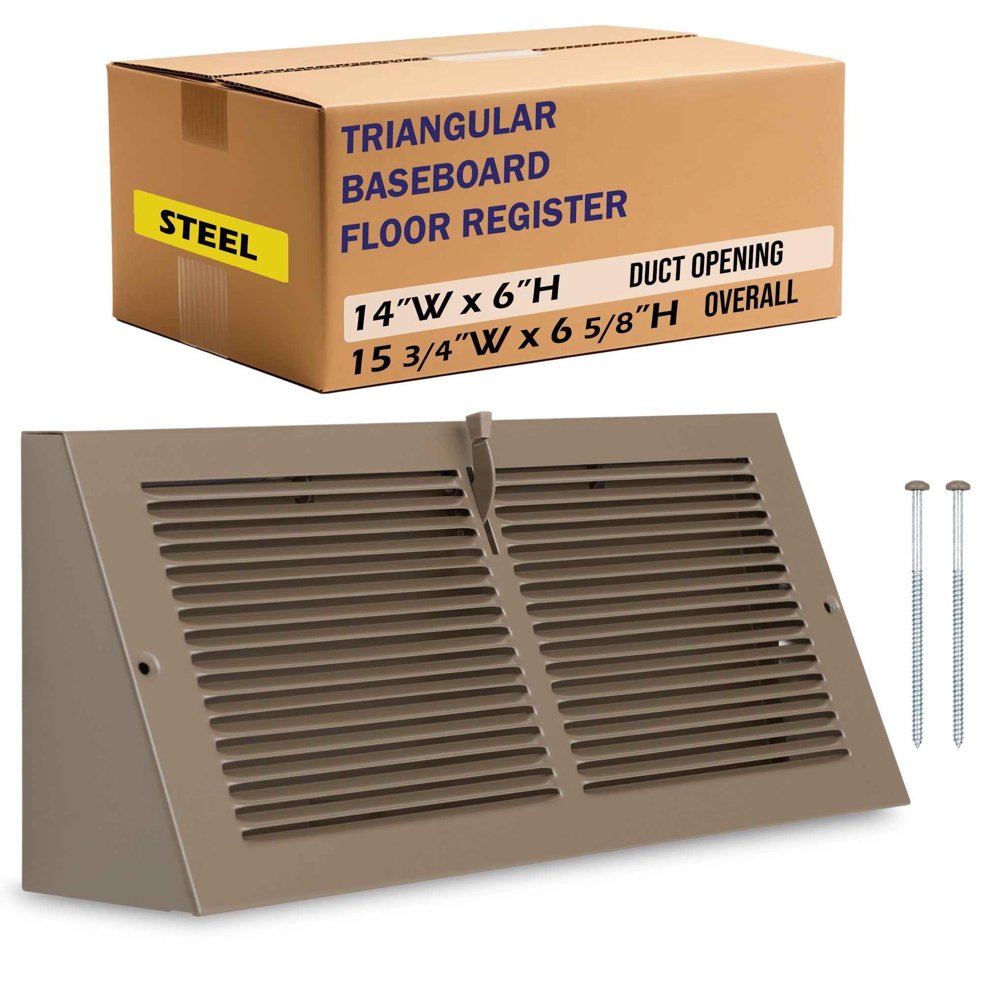 14 x 6-inch Brown Steel triangle corner baseboard supply register, packaging