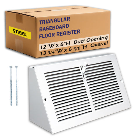 12 x 6-inch White Steel triangle corner baseboard supply register, packaging