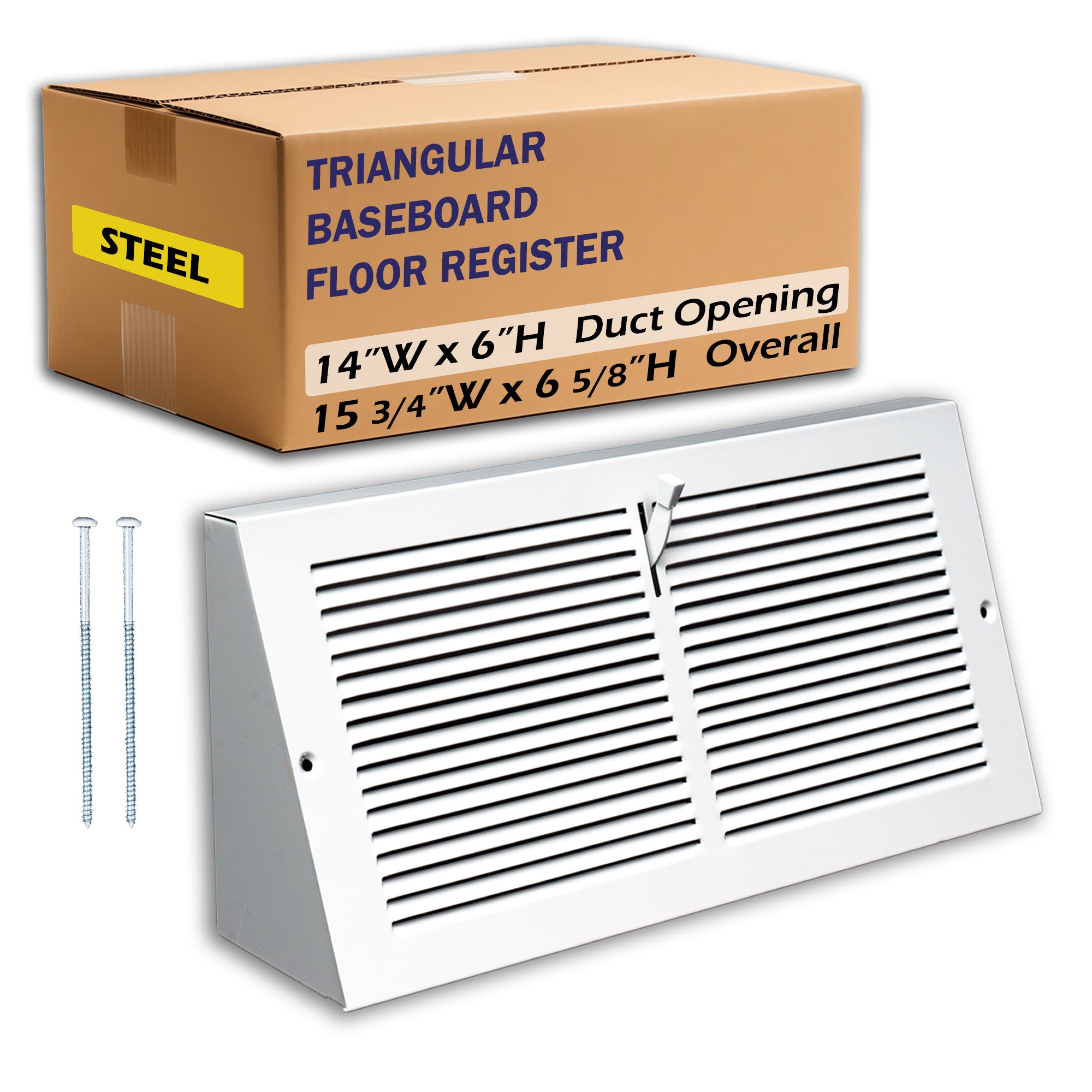 14 x 6-inch White Steel triangle corner baseboard supply register, packaging