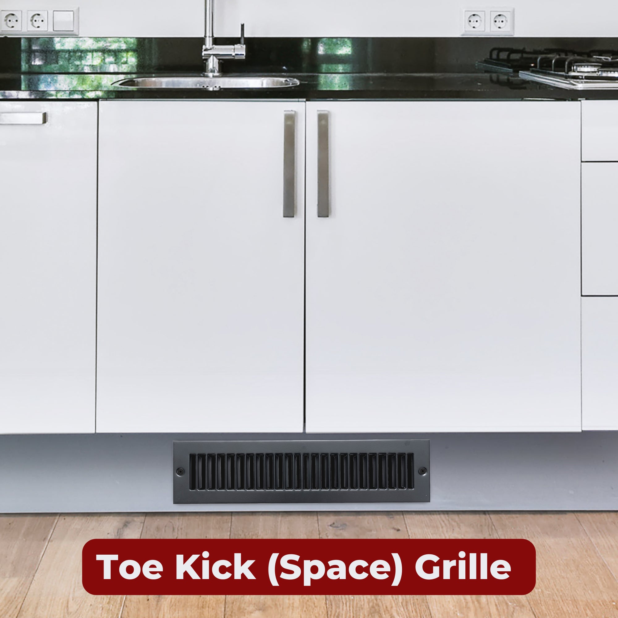 2 x 14-inch Black Steel toe kick register, installed view