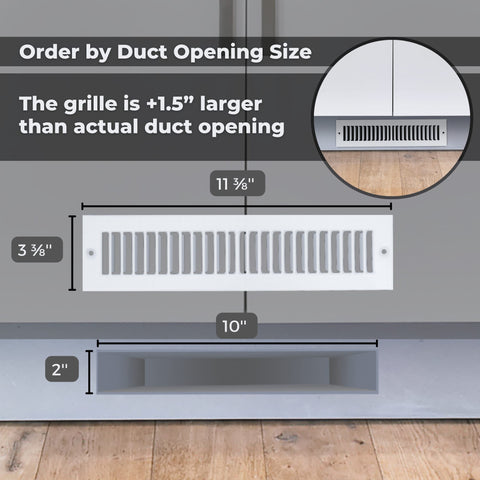 2 x 10-inch White Steel toe kick register, dimensions