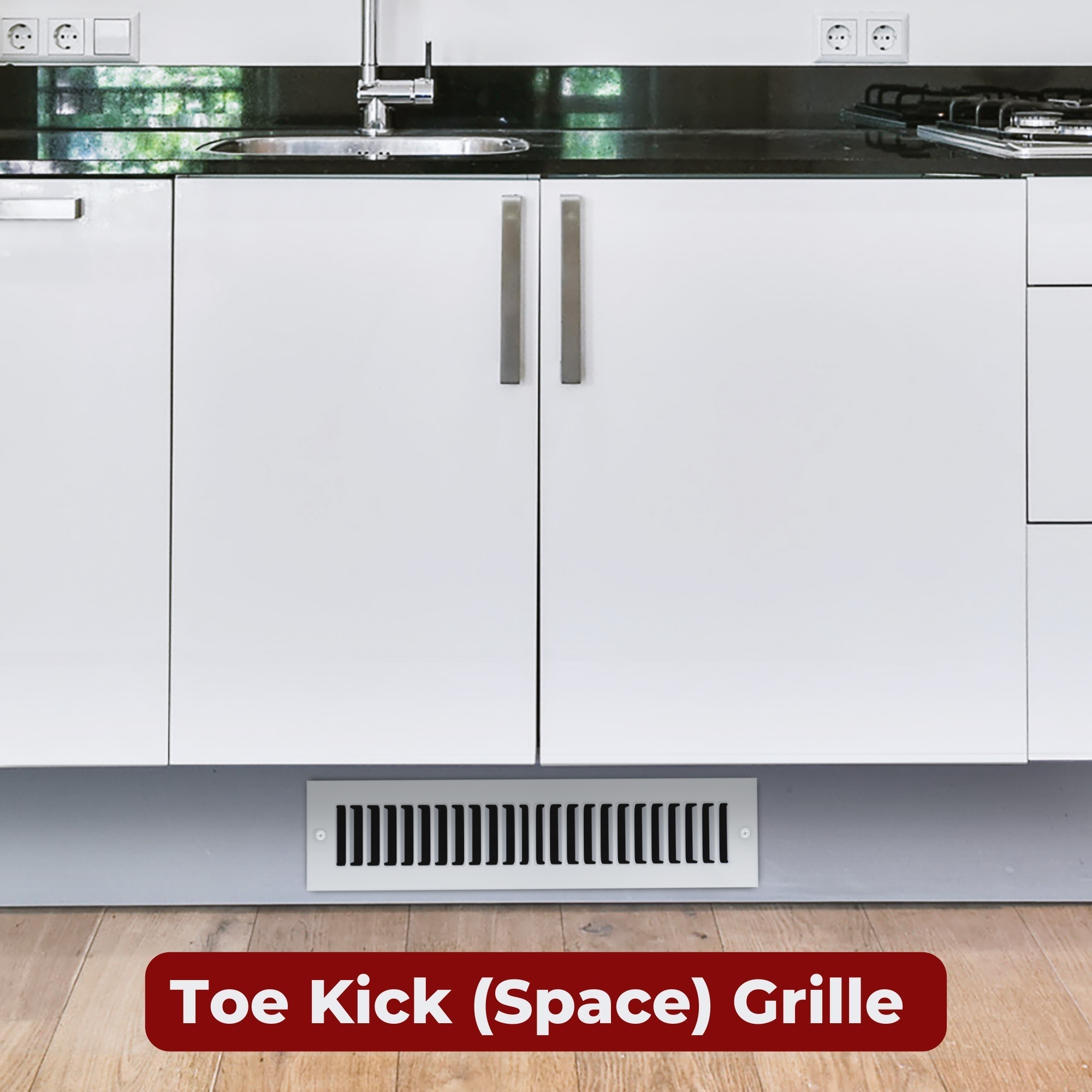 2 x 10-inch White Steel toe kick register, installed view