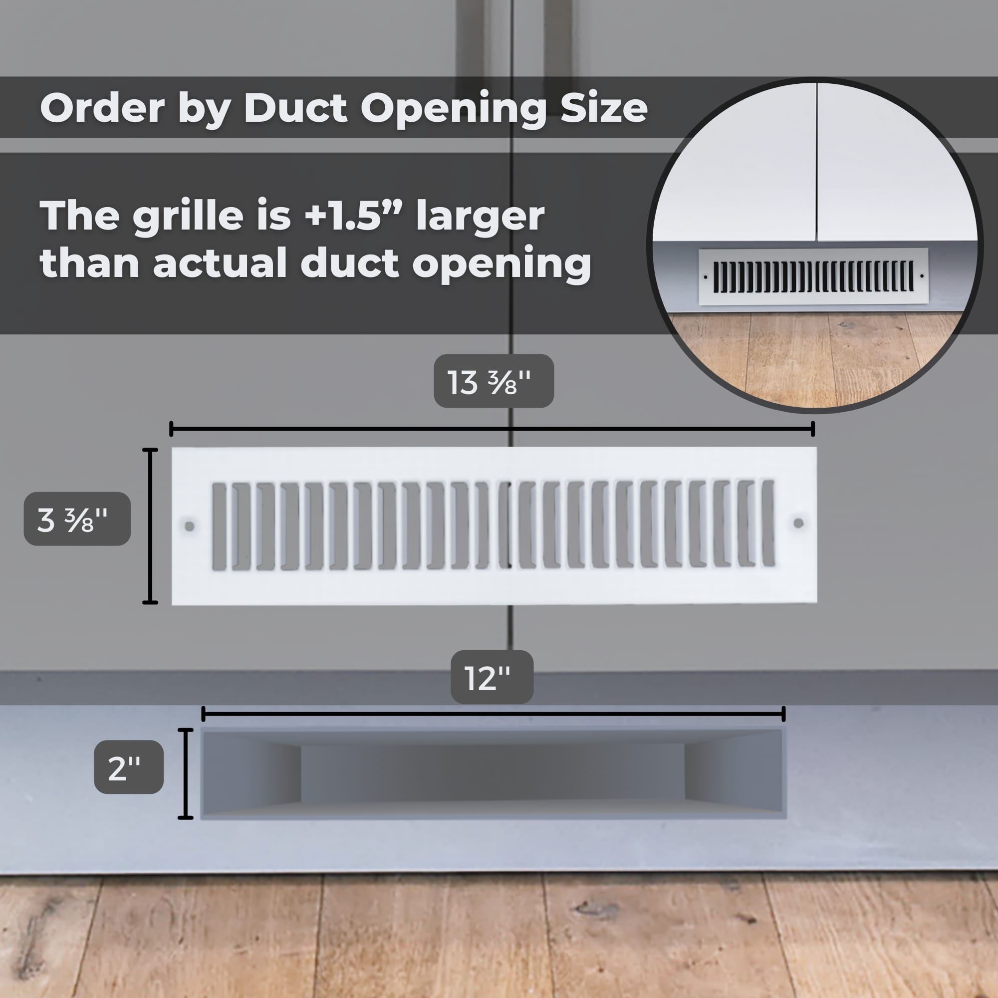 2 x 12-inch White Steel toe kick register, dimensions