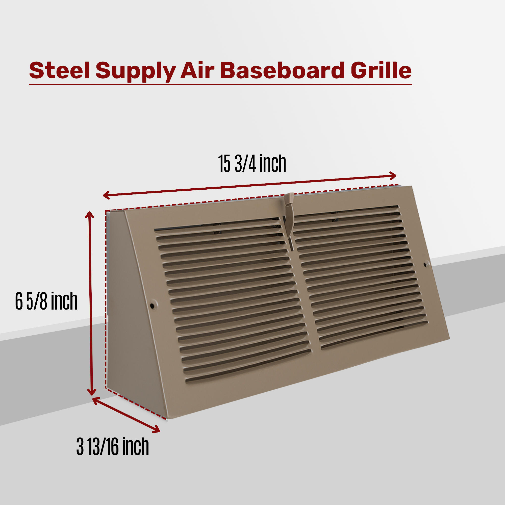14 x 6-inch Brown Steel triangle corner baseboard supply register, dimensions