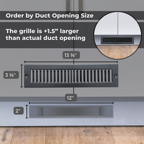 Fits 2x12 Duct Opening | Toe Kick Vent Cover | Cabinet Toe Kick Space Register Grille | HVAC Toe Space Vent Cover | Outer Dimensions: 3 3/8" X 13 3/8" | Black