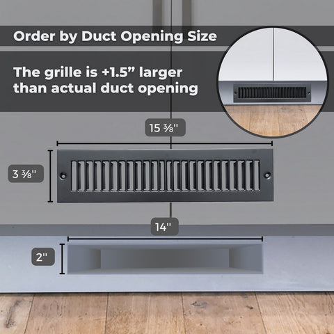 Fits 2x14 Duct Opening | Toe Kick Vent Cover | Cabinet Toe Kick Space Register Grille | HVAC Toe Space Vent Cover | Outer Dimensions: 3 3/8" X 15 3/8" | Black