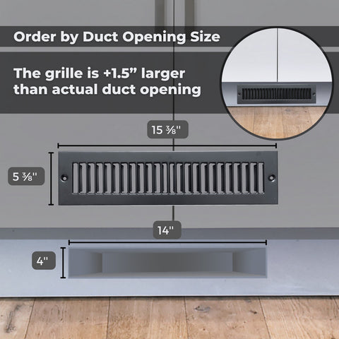 Fits 4x14 Duct Opening | Toe Kick Vent Cover | Cabinet Toe Kick Space Register Grille | HVAC Toe Space Vent Cover | Outer Dimensions: 5 3/8" X 15 3/8" | Black