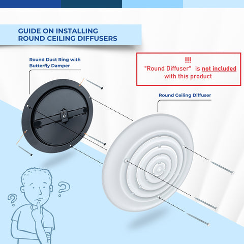 6" [Neck Size] Steel Butterfly Damper for Round Ceiling Air Supply Diffuser - Black | Outer Diameter: 7-1/2"