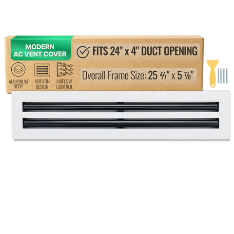 24"x 4" Aluminum Linear Slot Diffuser, Modern AC Vent Cover for Sidewall, Ceiling, Floor | Out. Dim.: 25-5/8"X 5-5/6"