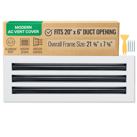 20"x 6" Aluminum Linear Slot Diffuser, Modern AC Vent Cover for Sidewall, Ceiling, Floor | Out. Dim.: 21-5/8"X 7-5/6"