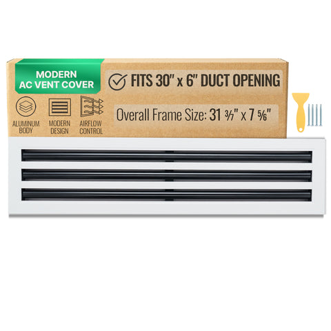 30"x 6" Aluminum Linear Slot Diffuser, Modern AC Vent Cover for Sidewall, Ceiling, Floor | Out. Dim.: 31-5/8"X 7-5/6"