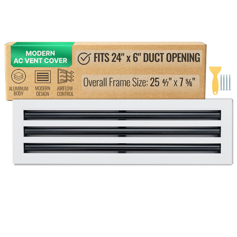 24"x 6" Aluminum Linear Slot Diffuser, Modern AC Vent Cover for Sidewall, Ceiling, Floor | Out. Dim.: 25-5/8"X 7-5/6"