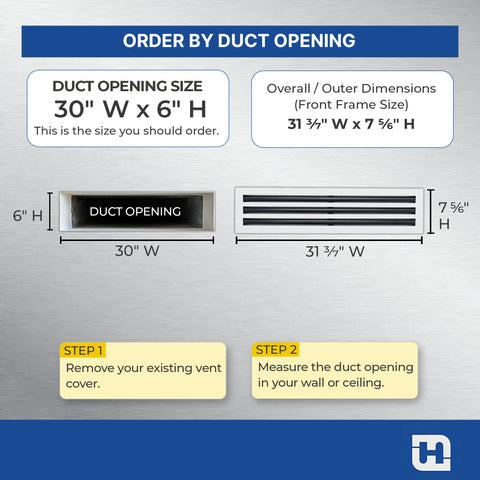 30"x 6" Aluminum Linear Slot Diffuser, Modern AC Vent Cover for Sidewall, Ceiling, Floor | Out. Dim.: 31-5/8"X 7-5/6"