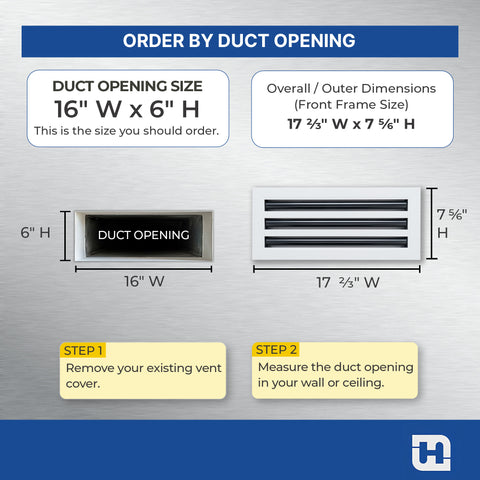 16"x 6" Aluminum Linear Slot Diffuser, Modern AC Vent Cover for Sidewall, Ceiling, Floor | Out. Dim.: 17-5/8"X 7-5/6"