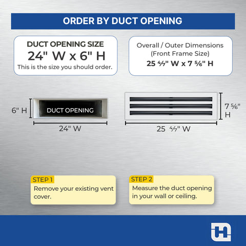24"x 6" Aluminum Linear Slot Diffuser, Modern AC Vent Cover for Sidewall, Ceiling, Floor | Out. Dim.: 25-5/8"X 7-5/6"