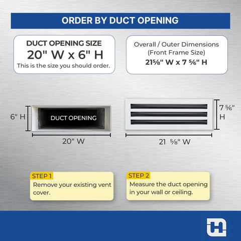 20"x 6" Aluminum Linear Slot Diffuser, Modern AC Vent Cover for Sidewall, Ceiling, Floor | Out. Dim.: 21-5/8"X 7-5/6"