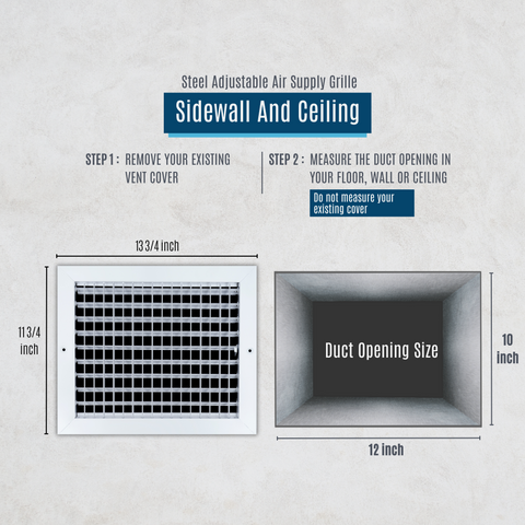 12"W x 10"H  Steel Adjustable Air Supply Grille | Register Vent Cover Grill for Sidewall and Ceiling | White | Outer Dimensions: 13.75"W X 11.75"H for 12x10 Duct Opening