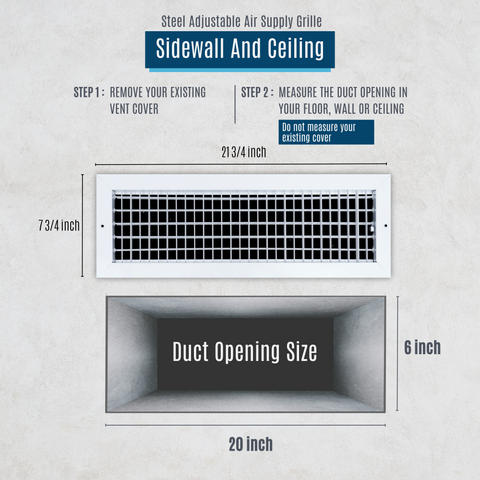 20"W x 6"H  Steel Adjustable Air Supply Grille | Register Vent Cover Grill for Sidewall and Ceiling | White | Outer Dimensions: 21.75"W X 7.75"H for 20x6 Duct Opening