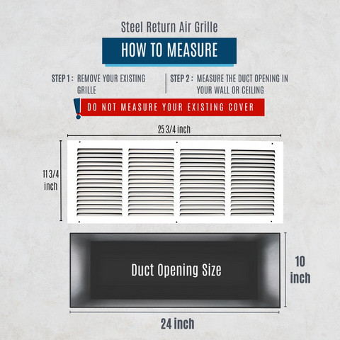 24" X 10" Duct Opening | Steel Return Air Grille for Sidewall and Ceiling | Outer Dimensions: 25.75"W X 11.75"H