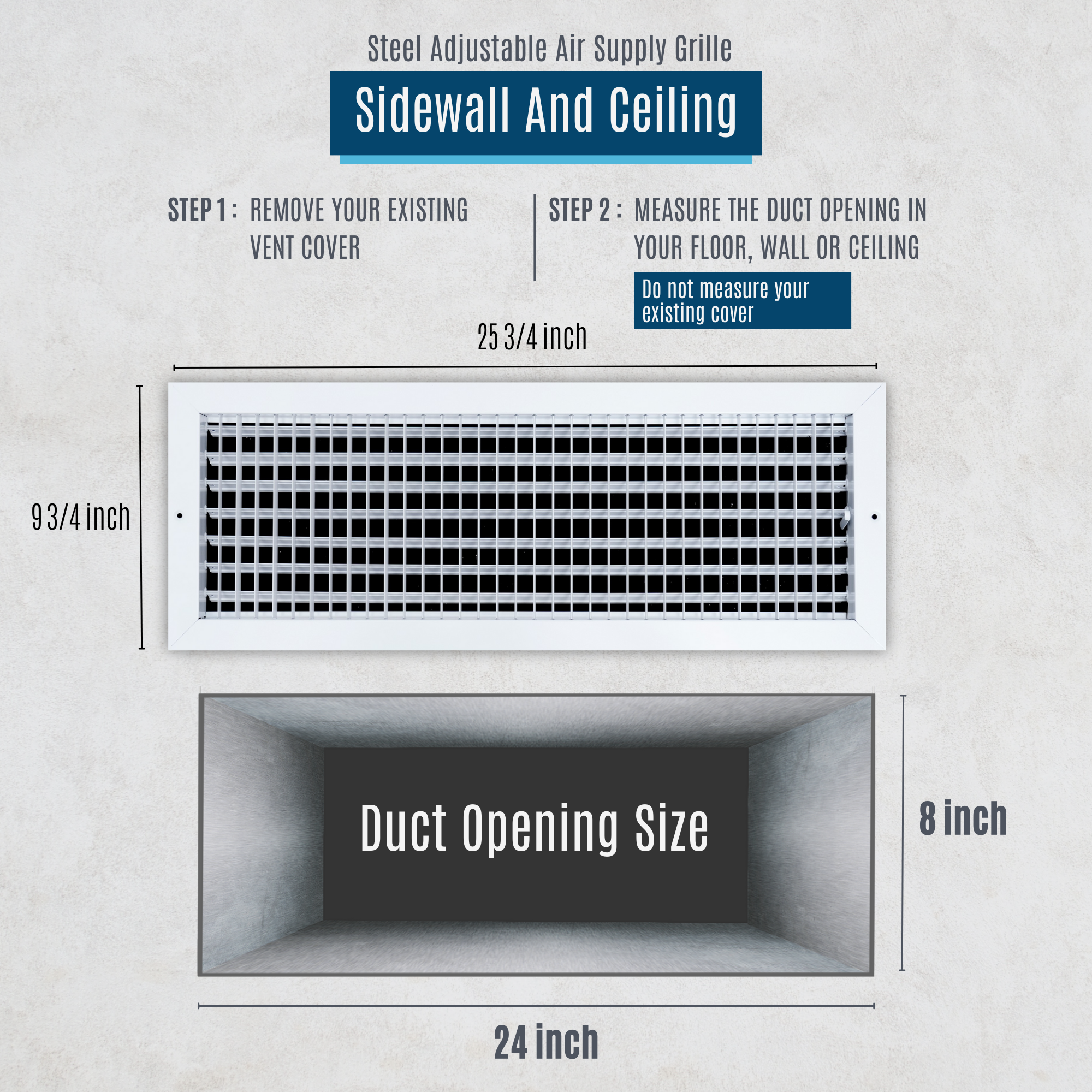 24"W x 8"H  Steel Adjustable Air Supply Grille | Register Vent Cover Grill for Sidewall and Ceiling | White | Outer Dimensions: 25.75"W X 9.75"H for 24x8 Duct Opening