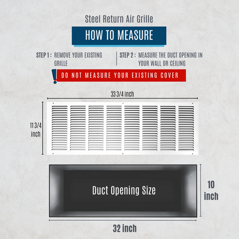 32" X 10" Duct Opening | Steel Return Air Grille for Sidewall and Ceiling | Outer Dimensions: 33.75"W X 11.75"H