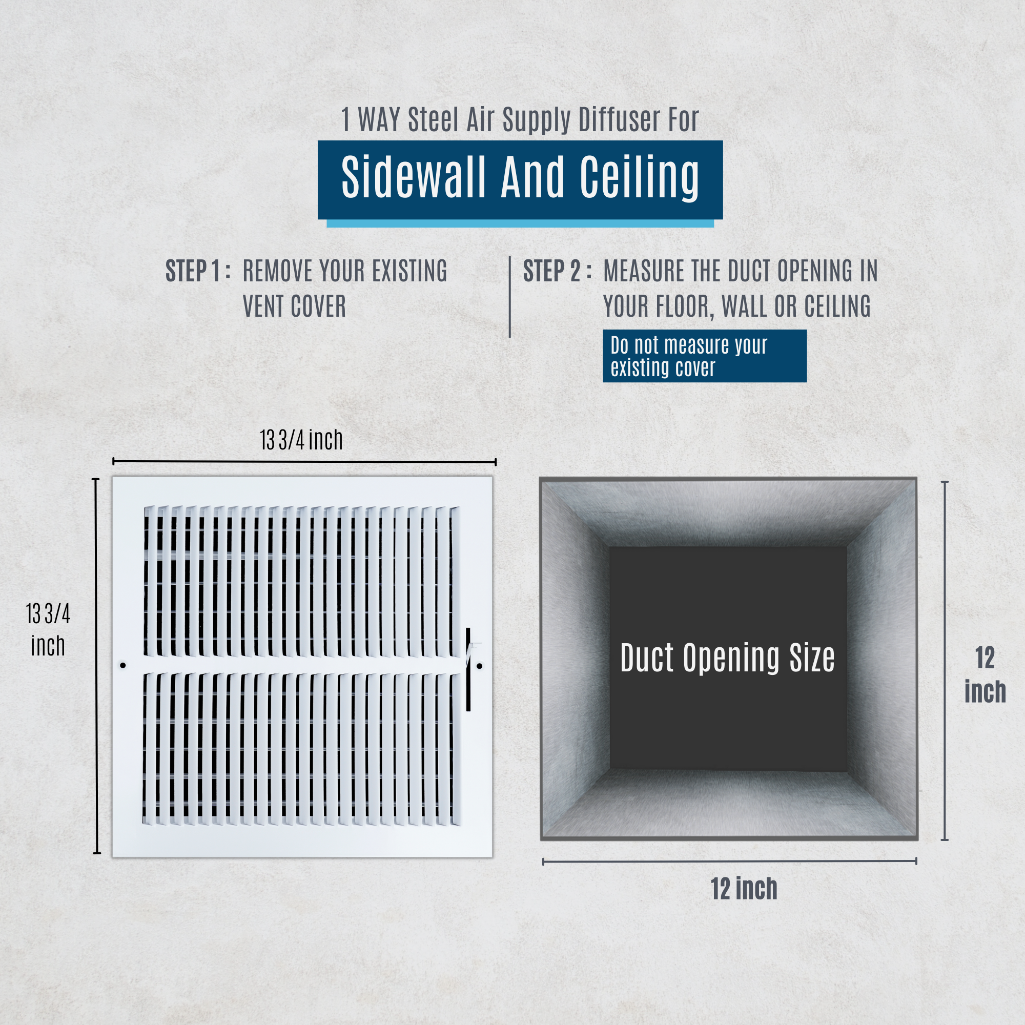 12 X 12 Duct Opening | 1 WAY Steel Air Supply Diffuser for Sidewall and Ceiling