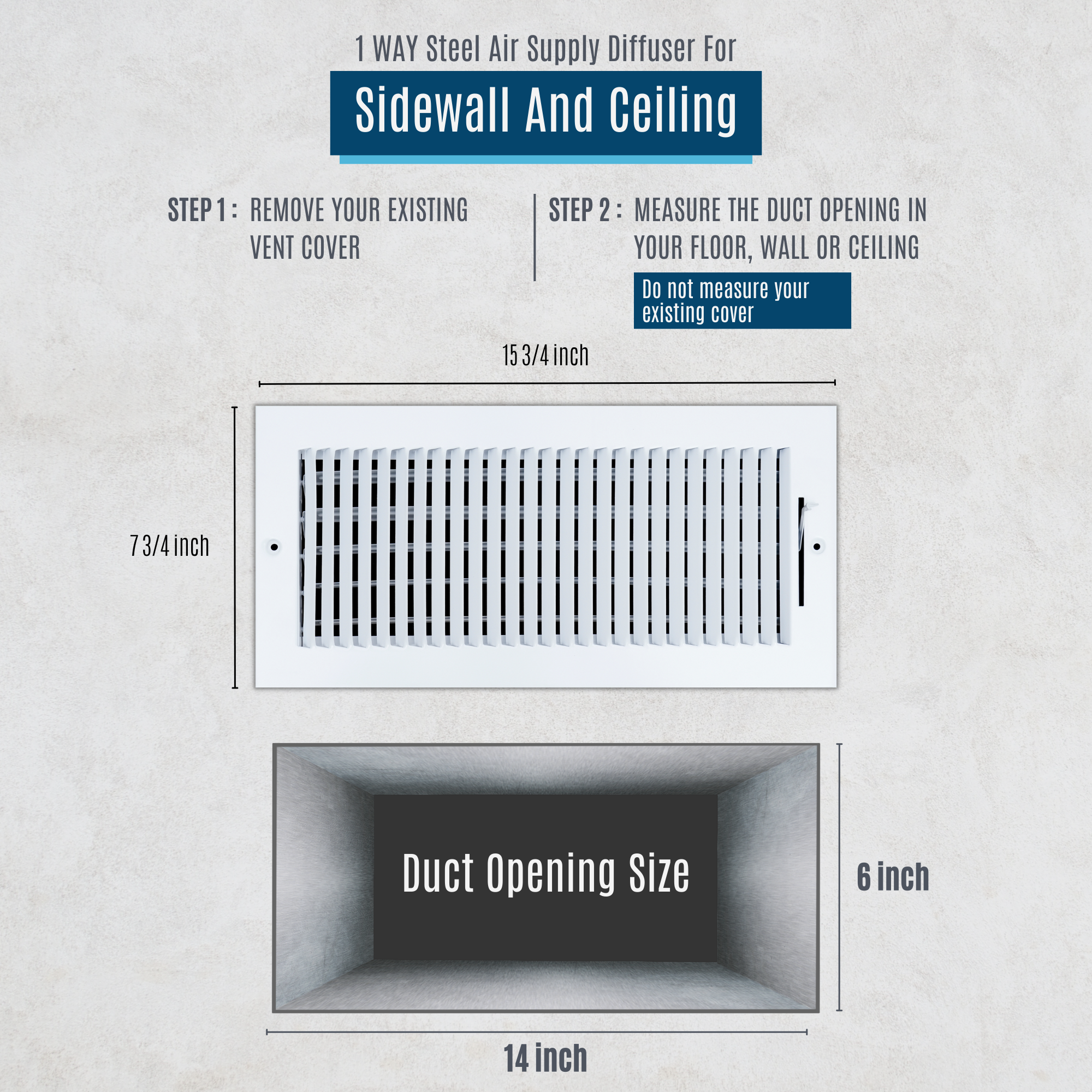 14 X 6 Duct Opening | 1 WAY Steel Air Supply Diffuser for Sidewall and Ceiling