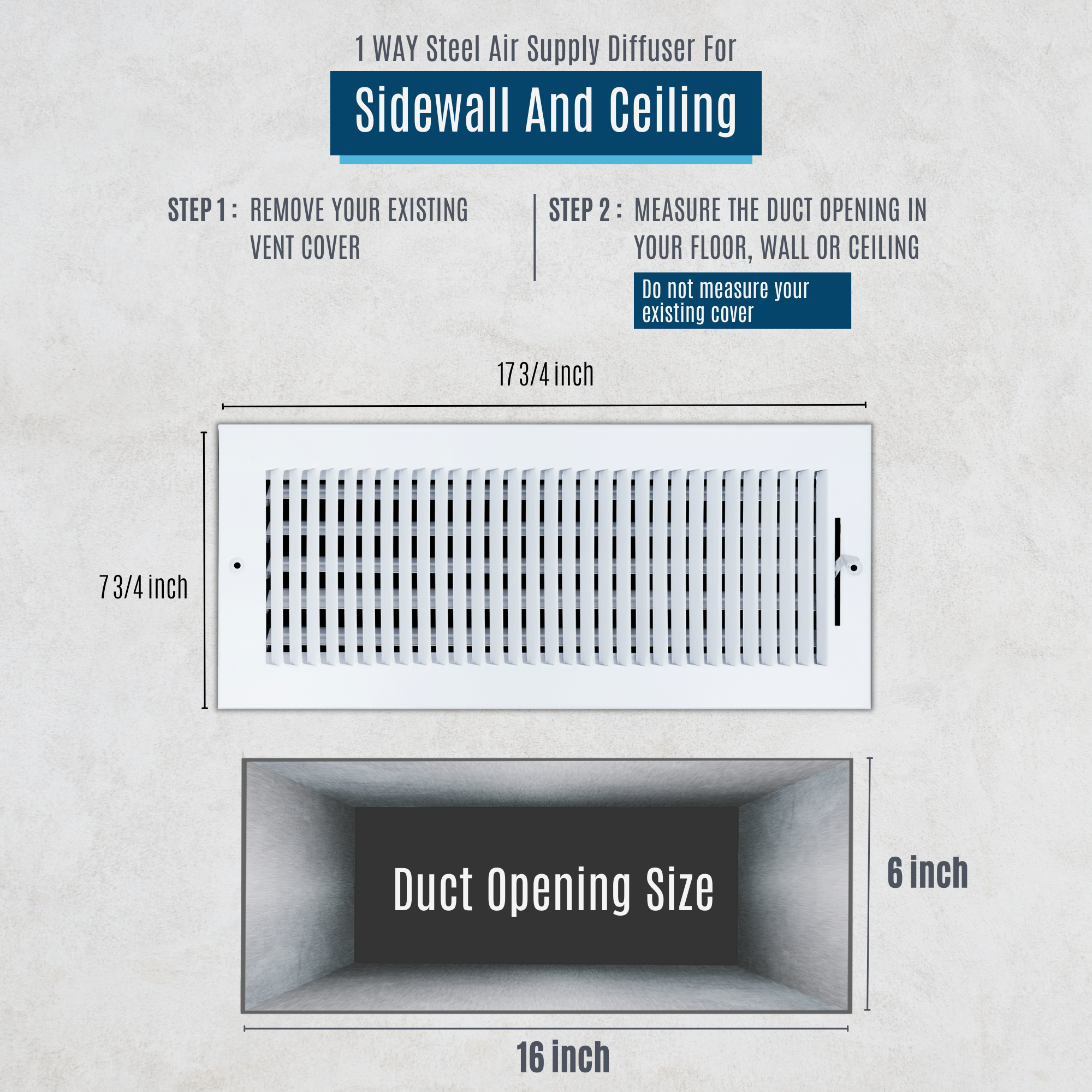 16 X 6 Duct Opening | 1 WAY Steel Air Supply Diffuser for Sidewall and Ceiling