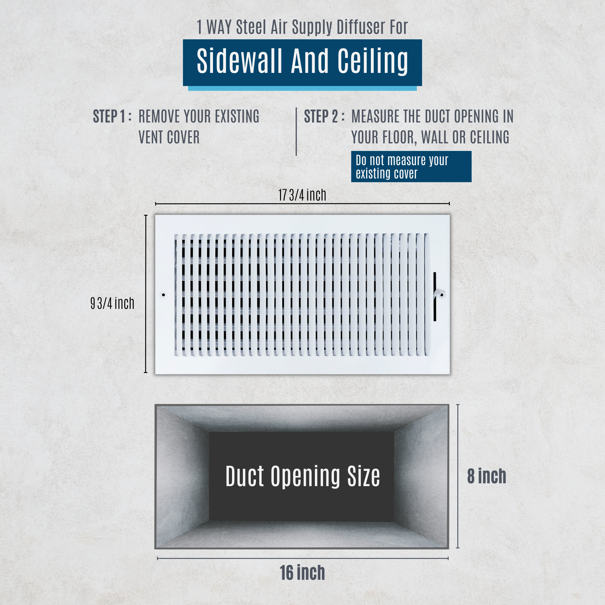 16 X 8 Duct Opening | 1 WAY Steel Air Supply Diffuser for Sidewall and Ceiling