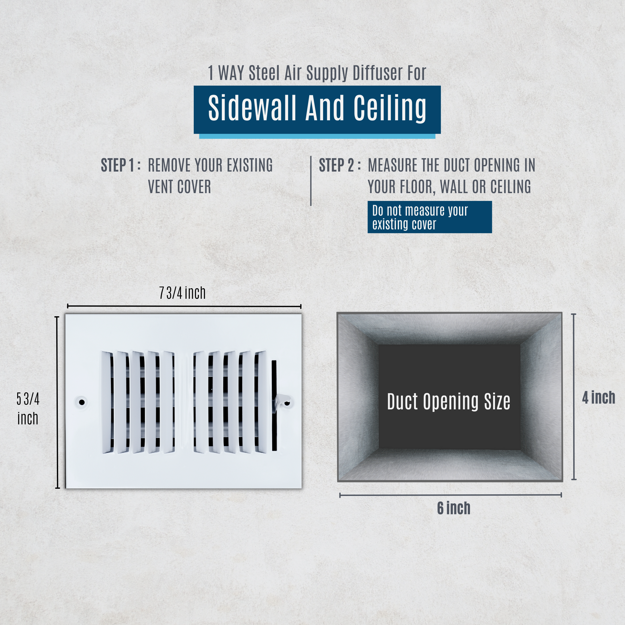 6 X 4 Duct Opening | 2 WAY Steel Air Supply Diffuser for Sidewall and Ceiling