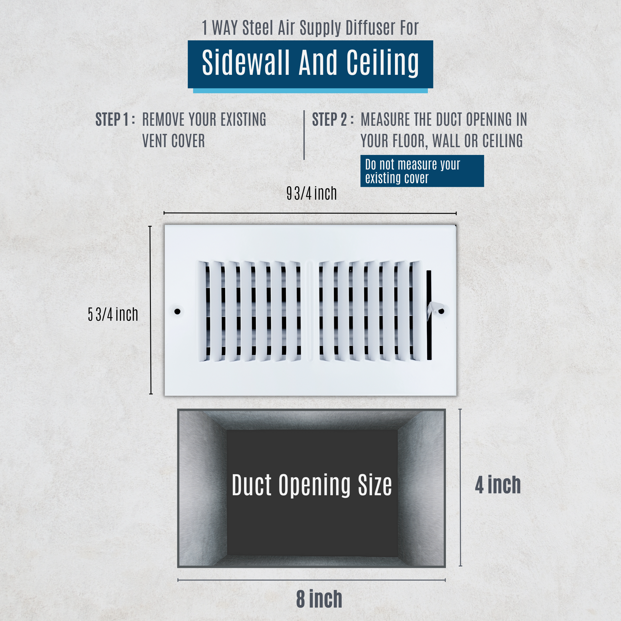 8 X 4 Duct Opening | 2 WAY Steel Air Supply Diffuser for Sidewall and Ceiling