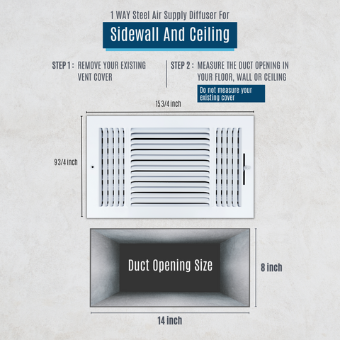 14 X 8 Duct Opening | 3 WAY Steel Air Supply Diffuser for Sidewall and Ceiling
