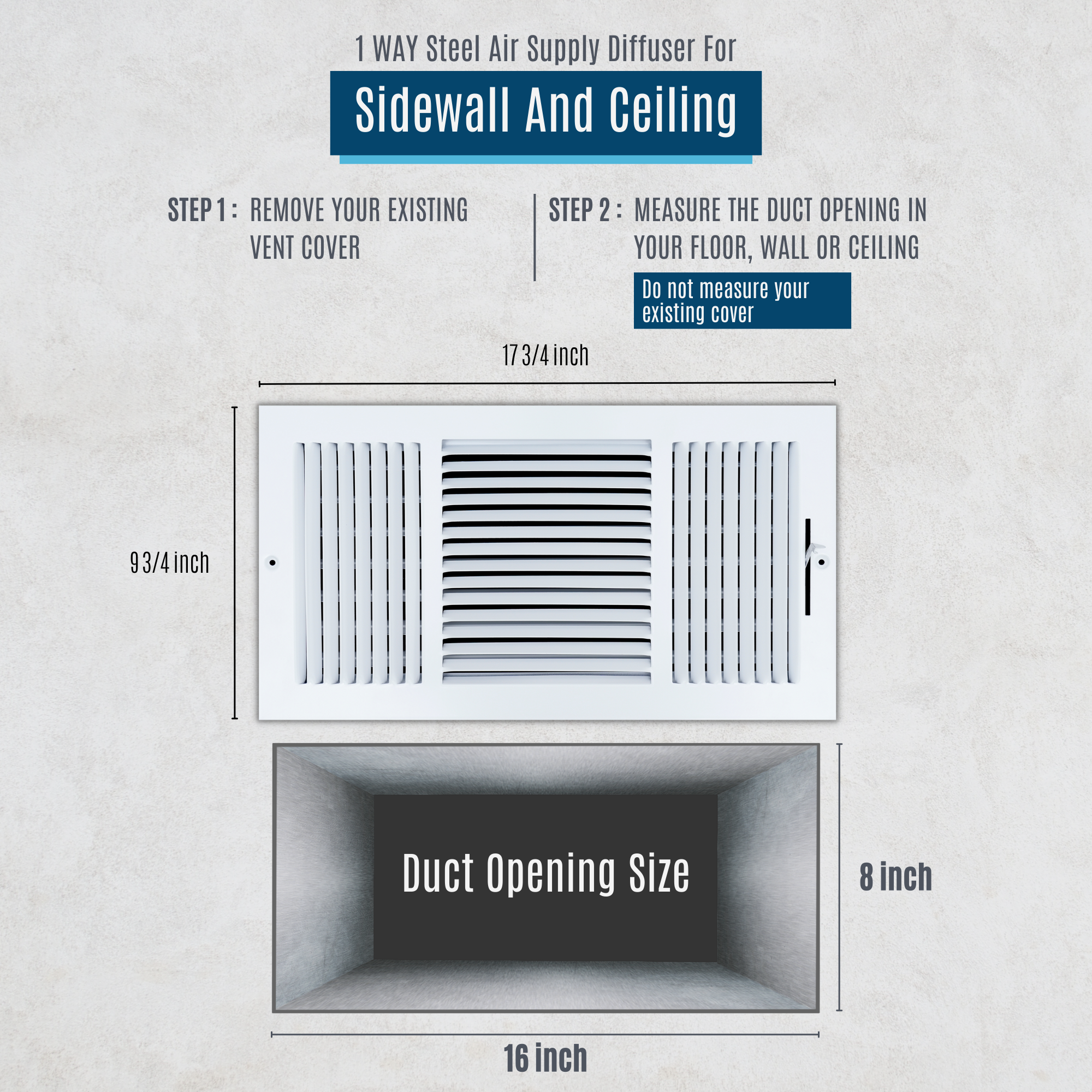 16 X 8 Duct Opening | 3 WAY Steel Air Supply Diffuser for Sidewall and Ceiling