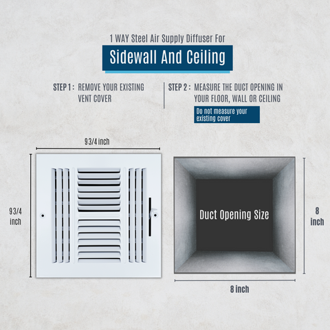 8 X 8 Duct Opening | 4 WAY Steel Air Supply Diffuser for Sidewall and Ceiling