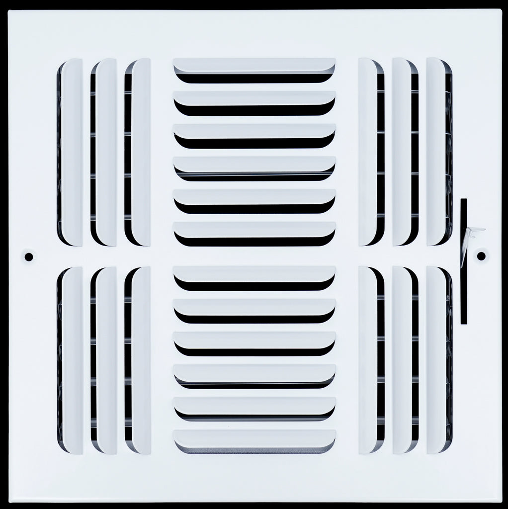 airgrilles 10"w x 10"h 3 way fixed curved blade air supply diffuser  -  register vent cover grill for sidewall and ceiling  -  white  -  outer dimensions: 11.75"w x 11.75"h hnd-cb-wh-3way-10x10  - 1